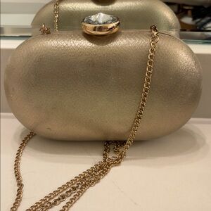 olga berg NEW Marta Metallic Convertible Oval Diamond Satin Clutch in Gold